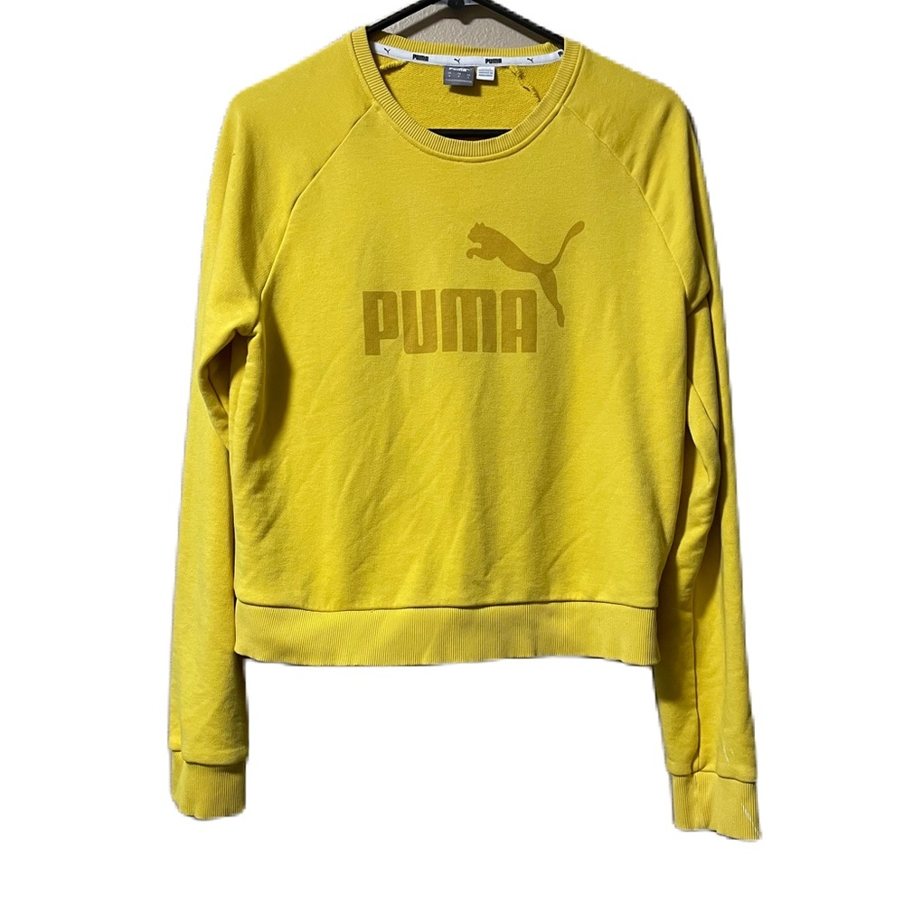 PUMA Womens Crew Neck Sweatshirt Sixe S Canary Yellow Logo Soft Cropped READ